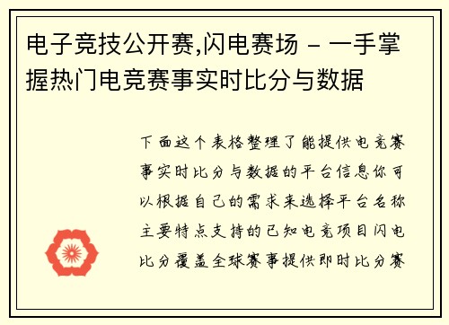 电子竞技公开赛,闪电赛场 - 一手掌握热门电竞赛事实时比分与数据